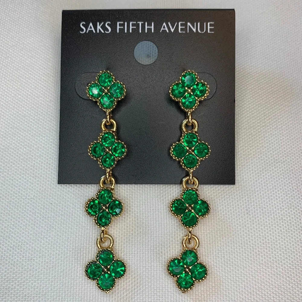 NWT Saks Fifth Avenue Brilliant Emerald Green Rhinestone Encrusted Earrings!